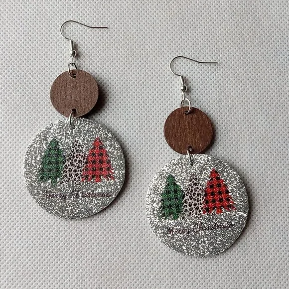 Christmas Holiday Earrings, Silver Glitter, Round Dangle Festive Earrings - Picture 4 of 4
